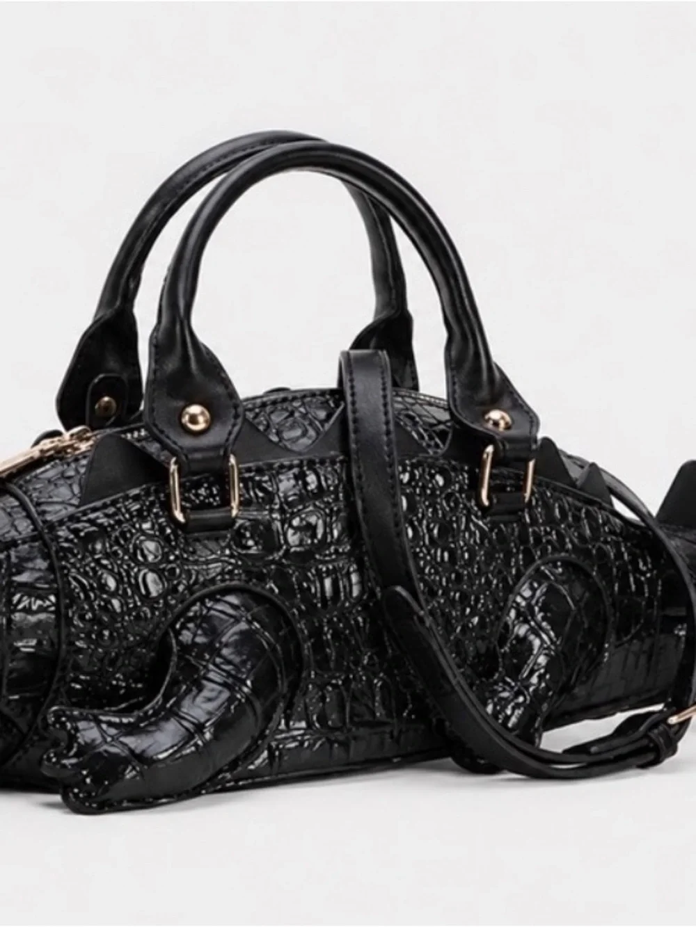 BLACK CROCODILE EMBOSSED ALLIGATOR NOVELTY SATCHEL HANDBAG